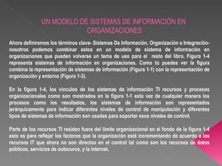 UN MODELO DE SISTEMAS DE INFORMACIÓN EN  ORGANIZACIONES Ahora definiremos los términos clave- Sistemas De Información, Organización e Integración- nosotros podemos combinar estos en un modelo de sistema de información en organizaciones que pueden volverse un tema de uso para el  resto del libro. Figura 1-4 representa sistemas de información en organizaciones. Como tú puedes ver la figura combina la representación de sistemas de información (Figura 1-1) con la representación de organización y entorno (Figura 1-3). En la figura 1-4, los vínculos de los sistemas de información TI recursos y procesos organizacionales como son mostrados en la figura 1-1 esta vez de cualquier manera los procesos como los resultados, los sistemas de información son representados jerárquicamente para indicar diferentes niveles de control de manipulación y diferentes tipos de sistemas de información son usadas para soportar esos niveles de control. Parte de los recursos TI residen fuera del límite organizacional en el fondo de la figura 1-4 esto es para reflejar los factores que la organización está incrementando de acuerdo a los recursos IT que ahora no son directos en el control tal como son los recursos de datos públicos, servicios de outsource, y la internet. 