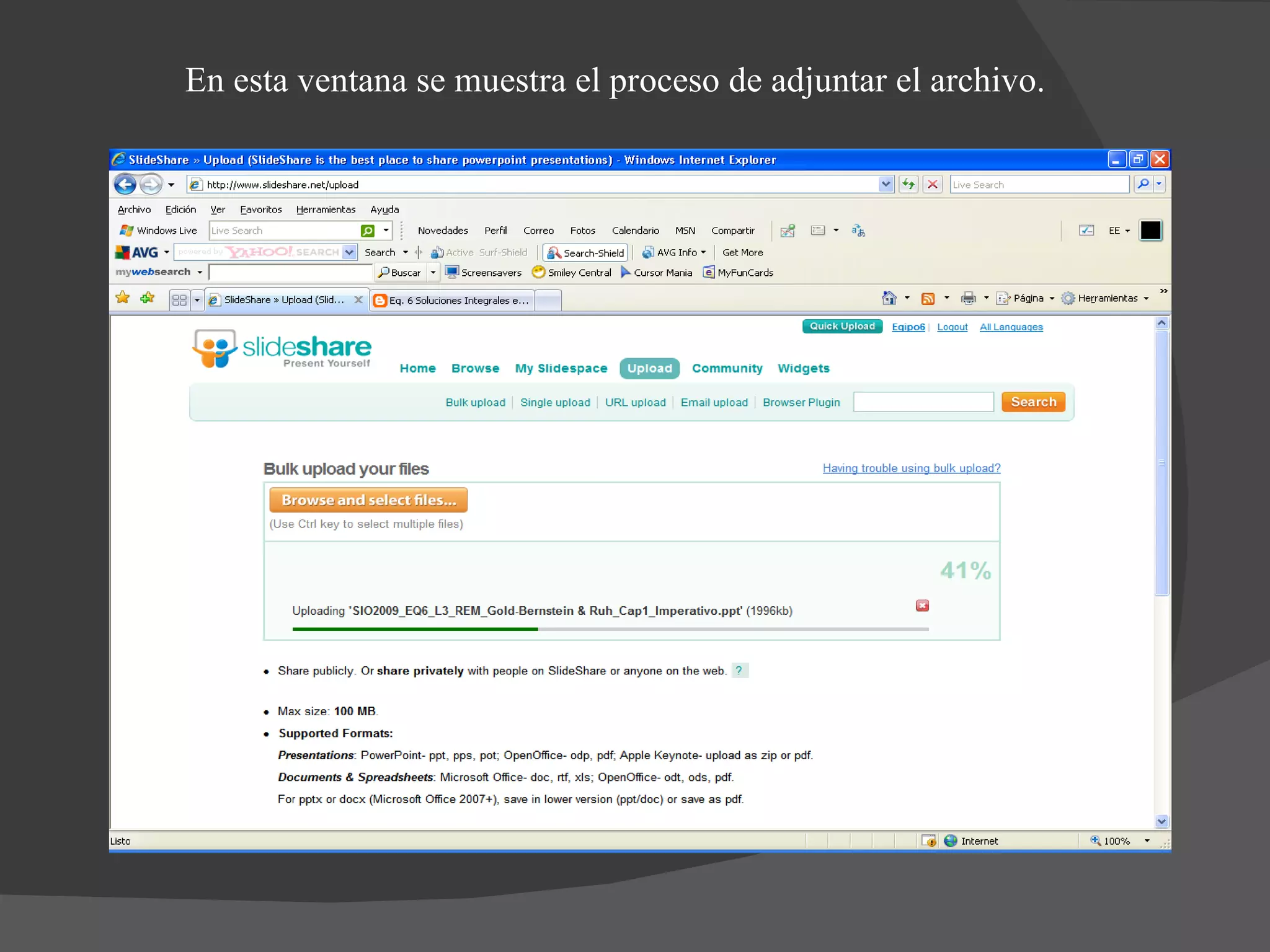 En esta ventana se muestra el proceso de adjuntar el archivo. 