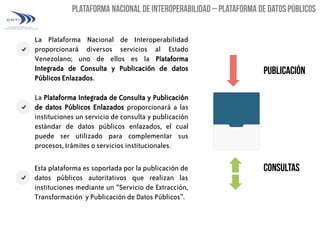 La Plataforma Nacional de Interoperabilidad
proporcionará diversos servicios al Estado
Venezolano; uno de ellos es la Plataforma
Integrada de Consulta y Publicación de datos
Públicos Enlazados.
La Plataforma Integrada de Consulta y Publicación
de datos Públicos Enlazados proporcionará a las
instituciones un servicio de consulta y publicación
estándar de datos públicos enlazados, el cual
puede ser utilizado para complementar sus
procesos, trámites o servicios institucionales.

Esta plataforma es soportada por la publicación de
datos públicos autoritativos que realizan las
instituciones mediante un “Servicio de Extracción,
Transformación y Publicación de Datos Públicos”.

 