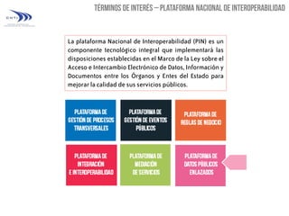 La plataforma Nacional de Interoperabilidad (PIN) es un
componente tecnológico integral que implementará las
disposiciones establecidas en el Marco de la Ley sobre el
Acceso e Intercambio Electrónico de Datos, Información y
Documentos entre los Órganos y Entes del Estado para
mejorar la calidad de sus servicios públicos.

 