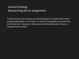 Journal Finding: 
Researching for an assignment 
“I find it hard to just sit down and write because I’m afraid I don’t have 
enough information on the topic, so I have to read books, and look it up 
on the internet. However, I then worry that the information I have is 
irrelevant to the essay”. 
 