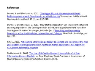 References 
Dunne, S. and Sheridan, V., 2012. ‘The Bigger Picture: Undergraduate Voices 
Reflecting on Academic Transition in an Irish University’ Innovations in Education & 
Teaching International, 49 (2), pp. 237-247. 
Dunne, S. and Sheridan, V., 2013. ‘How Staff Collaboration Can Improve the Student 
Learning Experience: the Development of a Module to Support Student Transition 
into Higher Education’ In Morgan, Michelle (ed.) ‘Recruiting and Supporting 
Diversity – a Practical Guide for Universities and Colleges’. New York: Routledge, pp. 
201-203. 
Kift, S., 2009. Articulating a transition pedagogy to scaffold and to enhance the first 
year student learning experience in Australian higher education: Final Report for 
ALTC Senior Fellowship Program 
McGuinness, C. 2007. 'The Use of Reflective Research Journals in a 1st Year 
Information Literacy Module' In: Case Studies of Good Practices in Assessment of 
Student Learning in Higher Education. Dublin: AISHE. 
