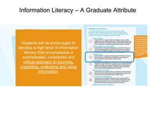Information Literacy – A Graduate Attribute 
Students will be encouraged to 
develop a high level of information 
literacy that encompasses a 
sophisticated, considered and 
critical approach to sourcing, 
organising, evaluating and using 
information. 
 