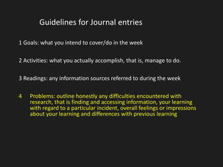 Guidelines for Journal entries 
1 Goals: what you intend to cover/do in the week 
2 Activities: what you actually accomplish, that is, manage to do. 
3 Readings: any information sources referred to during the week 
4 Problems: outline honestly any difficulties encountered with 
research, that is finding and accessing information, your learning 
with regard to a particular incident, overall feelings or impressions 
about your learning and differences with previous learning 
 