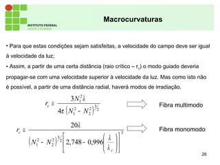 Macrocurvaturas
• Para que estas condições sejam satisfeitas, a velocidade do campo deve ser igual
à velocidade da luz;
• Assim, a partir de uma certa distância (raio crítico – rc) o modo guiado deveria
propagar-se com uma velocidade superior à velocidade da luz. Mas como isto não
é possível, a partir de uma distância radial, haverá modos de irradiação.
( ) 2
3
2
2
2
1
2
1
4
3
NN
N
rc
−
≅
π
λ
( )
3
2
3
2
2
2
1 996,0748,2
20












−−
≅
c
c
NN
r
λ
λ
λ
Fibra multimodo
Fibra monomodo
26
 