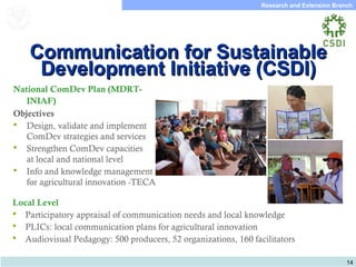 14
Research and Extension Branch
Food and Agriculture
Organization of the
United Nations
National ComDev Plan (MDRT-
INIAF)
Objectives
 Design, validate and implement
ComDev strategies and services
 Strengthen ComDev capacities
at local and national level
 Info and knowledge management
for agricultural innovation -TECA
Local Level
 Participatory appraisal of communication needs and local knowledge
 PLICs: local communication plans for agricultural innovation
 Audiovisual Pedagogy: 500 producers, 52 organizations, 160 facilitators
Communication for SustainableCommunication for Sustainable
Development Initiative (CSDI)Development Initiative (CSDI)
 