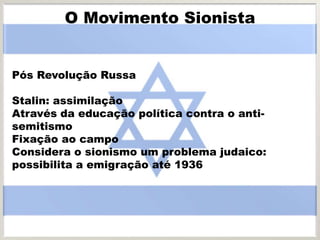Pós Revolução Russa
Stalin: assimilação
Através da educação política contra o anti-
semitismo
Fixação ao campo
Considera o sionismo um problema judaico:
possibilita a emigração até 1936
O Movimento Sionista
 