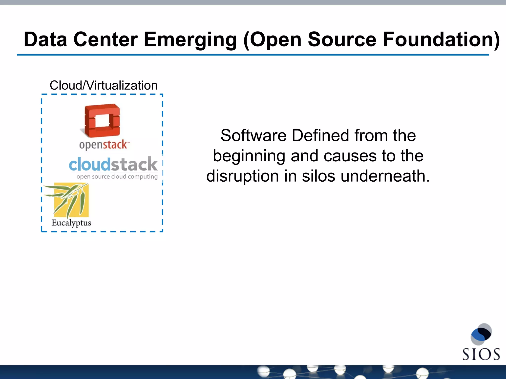 Data Center Emerging (Open Source Foundation) 
Cloud/Virtualization 
Software Defined from the beginning and causes to the disruption in silos underneath.  