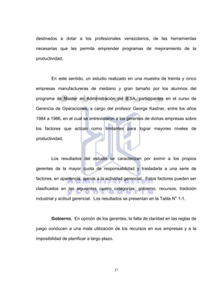 37
destinados a dotar a los profesionales venezolanos, de las herramientas
necesarias que les permita emprender programas de mejoramiento de la
productividad.
En este sentido, un estudio realizado en una muestra de treinta y cinco
empresas manufactureras de mediano y gran tamaño por los alumnos del
programa de Master en Administración del IESA, participantes en el curso de
Gerencia de Operaciones, a cargo del profesor George Kastner, entre los años
1984 a 1986, en el cual se entrevistaron a los gerentes de dichas empresas sobre
los factores que actúan como limitantes para lograr mayores niveles de
productividad.
Los resultados del estudio se caracterizan por eximir a los propios
gerentes de la mayor cuota de responsabilidad y trasladarla a una serie de
factores, en apariencia, ajenos a la actividad gerencial. Estos factores pueden ser
clasificados en las siguientes cuatro categorías: gobierno, recursos, tradición
industrial y actitud gerencial. Los resultados se presentan en la Tabla No
1-1.
Gobierno. En opinión de los gerentes, la falta de claridad en las reglas de
juego conducen a una mala utilización de los recursos en sus empresas y a la
imposibilidad de planificar a largo plazo.
 