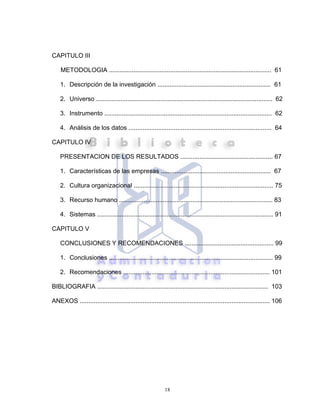 18
CAPITULO III
METODOLOGIA ............................................................................................. 61
1. Descripción de la investigación ................................................................. 61
2. Universo ..................................................................................................... 62
3. Instrumento ................................................................................................ 62
4. Análisis de los datos .................................................................................. 64
CAPITULO IV
PRESENTACION DE LOS RESULTADOS ..................................................... 67
1. Características de las empresas ............................................................... 67
2. Cultura organizacional ................................................................................ 75
3. Recurso humano ........................................................................................ 83
4. Sistemas ..................................................................................................... 91
CAPITULO V
CONCLUSIONES Y RECOMENDACIONES ................................................... 99
1. Conclusiones .............................................................................................. 99
2. Recomendaciones .................................................................................... 101
BIBLIOGRAFIA .................................................................................................. 103
ANEXOS ............................................................................................................. 106
 