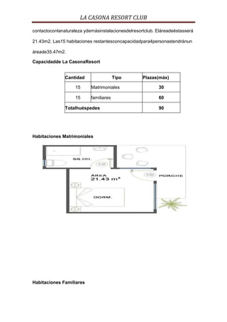 LA CASONA RESORT CLUB

contactoconlanaturaleza ydemásinstalacionesdelresortclub. Eláreadeéstasserá

21.43m2. Las15 habitaciones restantesconcapacidadpara4personastendránun

áreade35.47m2.

Capacidadde La CasonaResort


               Cantidad                 Tipo       Plazas(máx)

                    15     Matrimoniales                  30

                    15     familiares                     60

               Totalhuéspedes                             90




Habitaciones Matrimoniales




Habitaciones Familiares
 