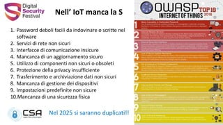 1. Password deboli facili da indovinare o scritte nel
software
2. Servizi di rete non sicuri
3. Interfacce di comunicazione insicure
4. Mancanza di un aggiornamento sicuro
5. Utilizzo di componenti non sicuri o obsoleti
6. Protezione della privacy insufficiente
7. Trasferimento e archiviazione dati non sicuri
8. Mancanza di gestione dei dispositivi
9. Impostazioni predefinite non sicure
10.Mancanza di una sicurezza fisica
Nell’ IoT manca la S
Nel 2025 si saranno duplicati!!
 