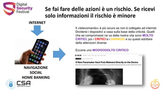 Se fai fare delle azioni è un rischio. Se ricevi
solo informazioni il rischio è minore
Il «telecomando» è più sicuro se non è collegato ad internet.
Dividerei i dispositivi a casa sulla base della criticità. Quelli
che se compromessi ne va della nostra vita sono MOLTO
CRITICI, poi i CRITICI e i DANNOSI e su questi adottare
della attenzioni diverse
Eccone uno MOOOOOOLTO CRITICO
INTERNET
NAVIGAZIONE
SOCIAL
HOME BANKING
 