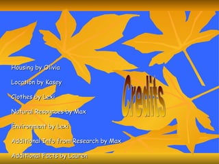 Housing by Olivia Location by Kasey Clothes by Lexi Natural Resources by Max Environment by Lexi Additional Info from Research by Max Additional Facts by Lauren Captain: Lauren Technology: Kasey and Olivia  Special Effects by Olivia Credits 