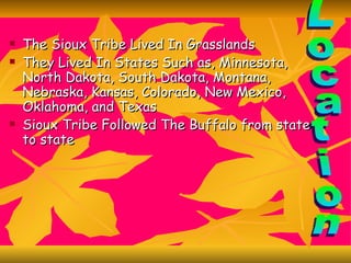 The Sioux Tribe Lived In Grasslands They Lived In States Such as, Minnesota, North Dakota, South Dakota, Montana, Nebraska, Kansas, Colorado, New Mexico, Oklahoma, and Texas Sioux Tribe Followed The Buffalo from state to state Location 
