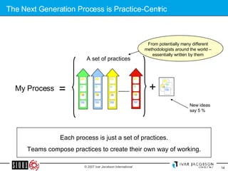 The Next Generation Process is Practice-Centric My Process New ideas say 5 % A set of practices = + From potentially many different methodologists around the world – essentially written by them Each process is just a set of practices. Teams compose practices to create their own way of working. 