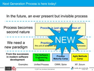 Next Generation Process is here today! From the successes in modern software development Agile Methods Camp The Software Engineering Camp Process Maturity Camp In the future, an ever present but invisible process We need a new paradigm Process becomes second nature Process is just a composition of Practices Practice is a First Class Citizen   the unit of adoption, planning and execution of process Unified Process Examples: CMMI, Spice XP, Scrum NEW 