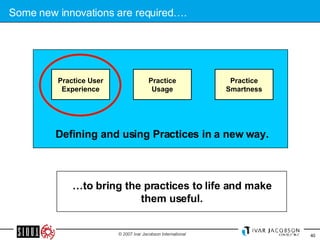 Some new innovations are required…. … to bring the practices to life and make them useful. Defining and using Practices in a new way. Practice Smartness Practice Usage Practice User Experience 