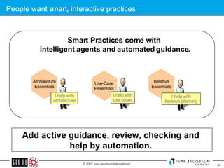 People want smart, interactive practices Add active guidance, review, checking and  help by automation.  Smart Practices come with  intelligent agents and automated guidance. Architecture Essentials Iterative Essentials I  help with Iterative planning Use-Case Essentials I help with use cases I  help with architecture 
