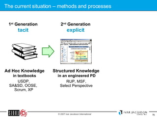 The current situation – methods and processes 1 st  Generation tacit Ad Hoc Knowledge in textbooks 2 nd  Generation explicit Structured Knowledge  in an engineered PD USDP, SA&SD, OOSE,  Scrum, XP RUP, MSF, Select Perspective 