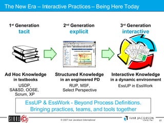The New Era – Interactive Practices – Being Here Today 1 st  Generation tacit Ad Hoc Knowledge in textbooks 2 nd  Generation explicit Structured Knowledge  in an engineered PD USDP, SA&SD, OOSE,  Scrum, XP RUP, MSF, Select Perspective EssUP & EssWork - Beyond Process Definitions. Bringing practices, teams, and tools together Interactive Knowledge in a dynamic environment 3 rd  Generation interactive EssUP in EssWork 