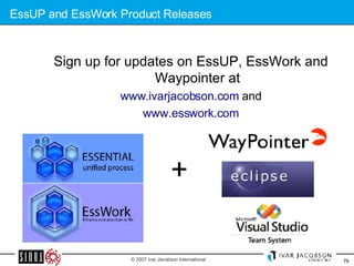 EssUP and EssWork Product Releases  Sign up for updates on EssUP, EssWork and Waypointer at www.ivarjacobson.com  and www.esswork.com + 