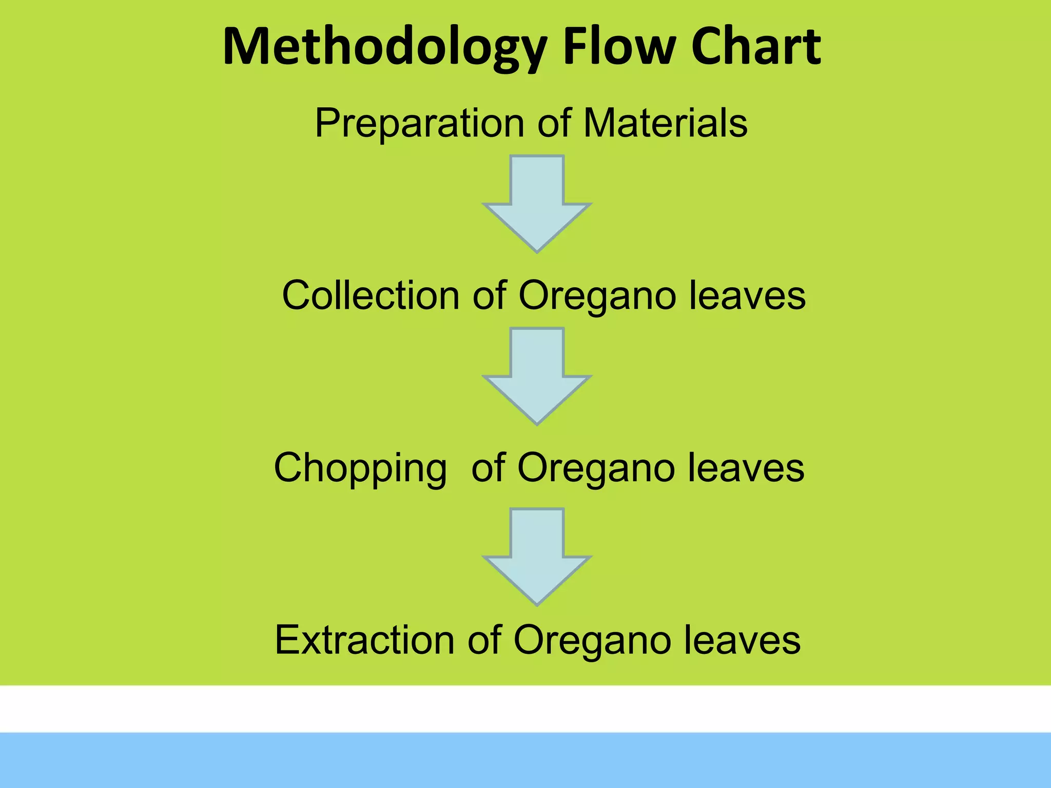 Methodology Flow Chart Preparation of Materials Collection of Oregano leaves Chopping  of Oregano leaves Extraction of Oregano leaves 
