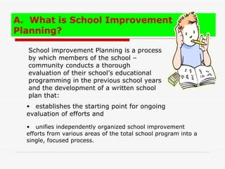 A. What is School Improvement
Planning?

  School improvement Planning is a process
  by which members of the school –
  community conducts a thorough
  evaluation of their school’s educational
  programming in the previous school years
  and the development of a written school
  plan that:
  • establishes the starting point for ongoing
  evaluation of efforts and

  • unifies independently organized school improvement
  efforts from various areas of the total school program into a
  single, focused process.
 