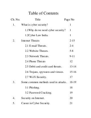 Table of Contents
Ch. No.
1.

Title

Page No

What is cyber security?

1

1.1Why do we need cyber security?
1.2Cyber Law India.
2.

1
1

Internet Threats

2-15

2.1 E-mail Threats.
2.2 Website Threats.

5-8

2.3 Network Threats.

9-11

2.4 Phone Threats

12

2.5 Debit and credit card threats.

13-14

2.6 Trojans, spywares and viruses.

15-16

2.7 Wi-Fi Security.
3.

2-4

17

Some common methods used in attacks.

18-19

3.1 Phishing.

18

3.2 Password Cracking.

19

4.

Security on Internet.

20

5.

Career in Cyber Security.

21

 