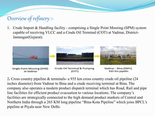 Overview of refinery :- 
1. Crude Import & Handling facility - comprising a Single Point Mooring (SPM) system 
capable of receiving VLCC and a Crude Oil Terminal (COT) at Vadinar, District- 
Jamnagar(Gujarat). 
2. Cross country pipeline & terminals- a 935 km cross country crude oil pipeline (24 
inches diameter) from Vadinar to Bina and a crude receiving terminal at Bina. The 
company also operates a modern product dispatch terminal which has Road, Rail and pipe 
line facilities for efficient product evacuation to various locations. The company’s 
facilities are strategically connected to the high demand product markets of Central and 
Northern India through a 265 KM long pipeline “Bina-Kota Pipeline” which joins BPCL’s 
pipeline at Piyala near New Delhi. 
 