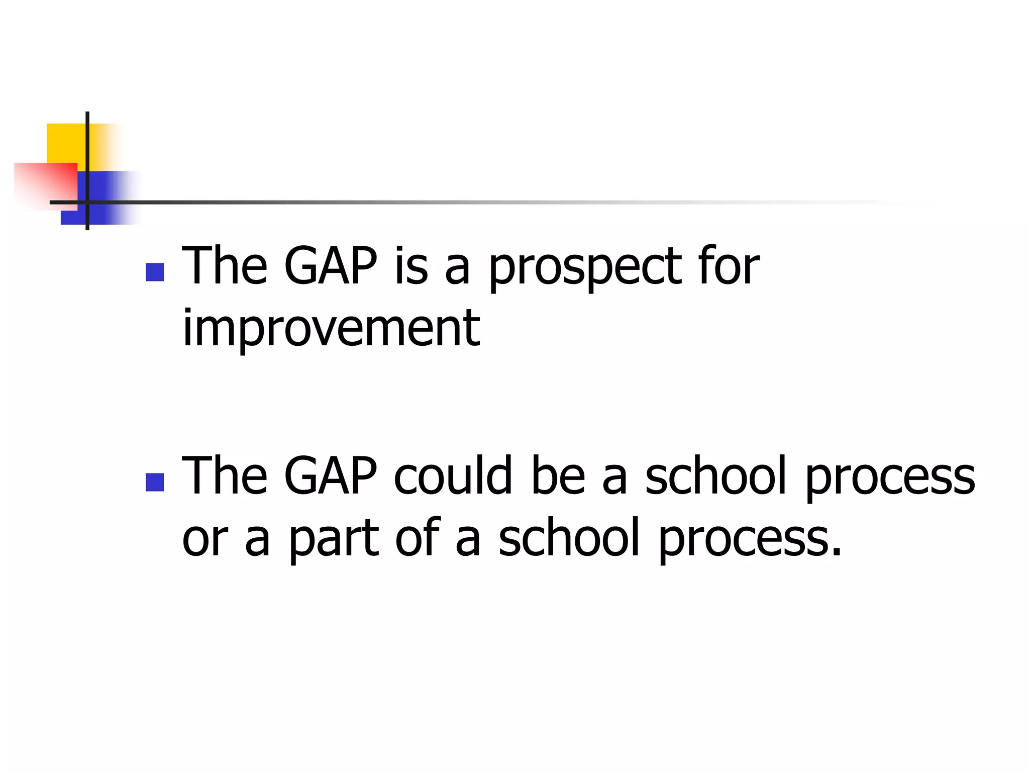 The GAP is a prospect for
improvement
 The GAP could be a school process
or a part of a school process.
 