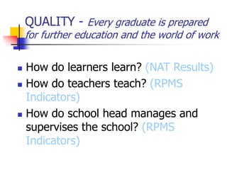 QUALITY - Every graduate is prepared
for further education and the world of work
 How do learners learn? (NAT Results)
 How do teachers teach? (RPMS
Indicators)
 How do school head manages and
supervises the school? (RPMS
Indicators)
 