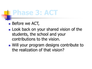 Phase 3: ACT
 Before we ACT,
 Look back on your shared vision of the
students, the school and your
contributions to the vision.
 Will your program designs contribute to
the realization of that vision?
 