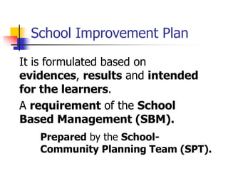 School Improvement Plan
It is formulated based on
evidences, results and intended
for the learners.
A requirement of the School
Based Management (SBM).
Prepared by the School-
Community Planning Team (SPT).
 