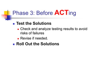 Phase 3: Before ACTing
 Test the Solutions
 Check and analyze testing results to avoid
risks of failures
 Revise if needed.
 Roll Out the Solutions
 