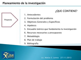 Planeamiento de la investigación
¿QUE CONTIENE?
1. Antecedentes
Proyecto

2. Formulación del problema
3. Objetivos Generales y Específicos
4. Hipótesis
5. Encuadre teórico que fundamenta la investigación

6. Recursos necesarios y presupuesto
7. Metodología
8. Plan de trabajo
9. Bibliografía

Lic. Matías S. Lemos 27/11/2013

 