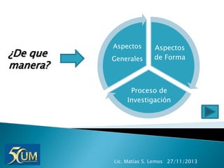 ¿De que
manera?

Aspectos
Generales

Aspectos
de Forma

Proceso de
Investigación

Lic. Matías S. Lemos 27/11/2013

 