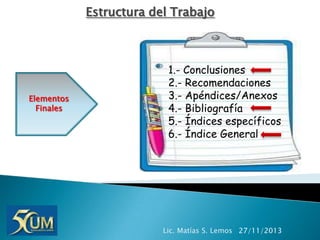 Estructura del Trabajo

Elementos
Finales

1.- Conclusiones
2.- Recomendaciones
3.- Apéndices/Anexos
4.- Bibliografía
5.- Índices específicos
6.- Índice General

Lic. Matías S. Lemos 27/11/2013

 