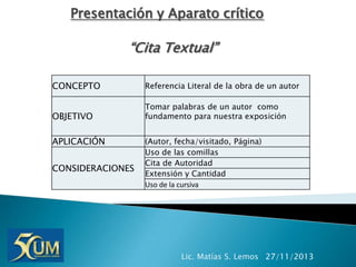 Presentación y Aparato crítico

“Cita Textual”
CONCEPTO

Referencia Literal de la obra de un autor

OBJETIVO

Tomar palabras de un autor como
fundamento para nuestra exposición

APLICACIÓN
CONSIDERACIONES

(Autor, fecha/visitado, Página)
Uso de las comillas
Cita de Autoridad
Extensión y Cantidad
Uso de la cursiva

Lic. Matías S. Lemos 27/11/2013

 