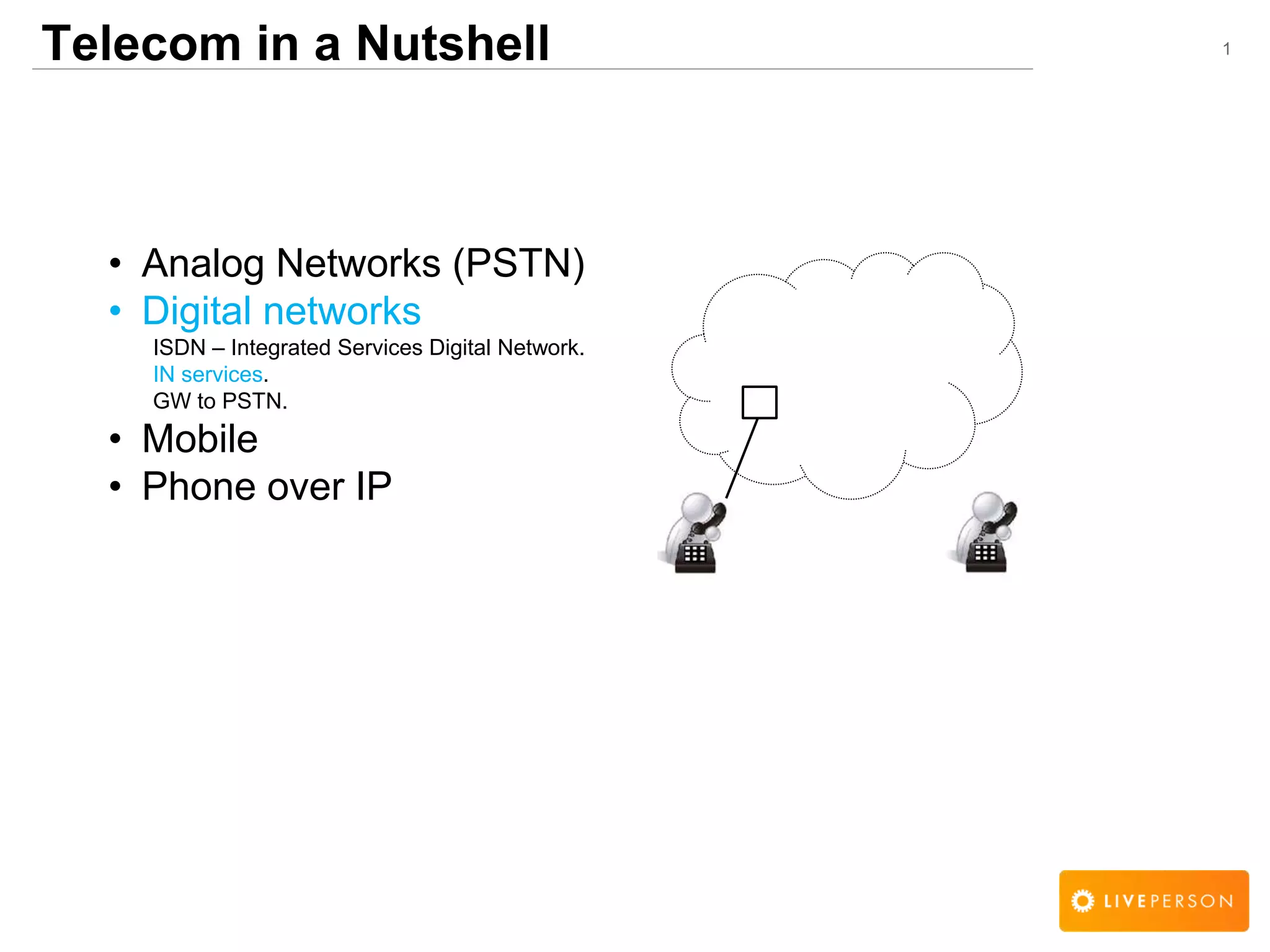 1Telecom in a Nutshell
&bull; Analog Networks (PSTN)
&bull; Digital networks
ISDN &ndash; Integrated Services Digital Network.
IN services.
GW to PSTN.
&bull; Mobile
&bull; Phone over IP
 