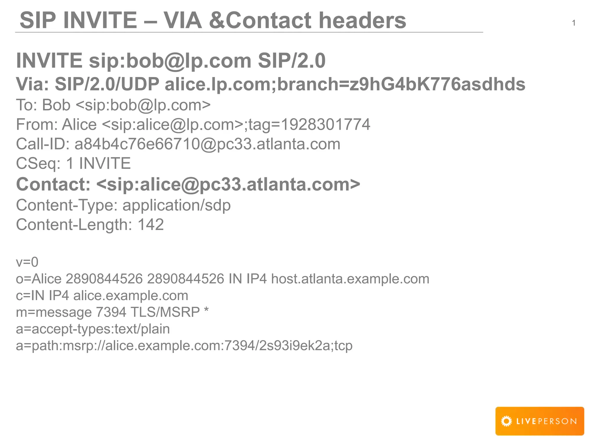 1SIP INVITE &ndash; VIA &Contact headers
INVITE sip:bob@lp.com SIP/2.0
Via: SIP/2.0/UDP alice.lp.com;branch=z9hG4bK776asdhds
To: Bob <sip:bob@lp.com>
From: Alice <sip:alice@lp.com>;tag=1928301774
Call-ID: a84b4c76e66710@pc33.atlanta.com
CSeq: 1 INVITE
Contact: <sip:alice@pc33.atlanta.com>
Content-Type: application/sdp
Content-Length: 142
v=0
o=Alice 2890844526 2890844526 IN IP4 host.atlanta.example.com
c=IN IP4 alice.example.com
m=message 7394 TLS/MSRP *
a=accept-types:text/plain
a=path:msrp://alice.example.com:7394/2s93i9ek2a;tcp
 