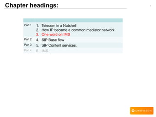 1Chapter headings:
Part 1 1. Telecom in a Nutshell
2. How IP became a common mediator network
3. One word on IMS
Part 2 4. SIP Base flow
Part 3 5. SIP Content services.
Part 4 6. IMS
 