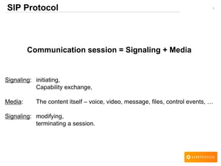 1SIP Protocol
Communication session = Signaling + Media
Signaling: initiating,
Capability exchange,
Media: The content itself – voice, video, message, files, control events, …
Signaling: modifying,
terminating a session.
 