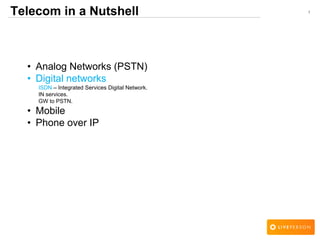 1Telecom in a Nutshell
• Analog Networks (PSTN)
• Digital networks
ISDN – Integrated Services Digital Network.
IN services.
GW to PSTN.
• Mobile
• Phone over IP
 