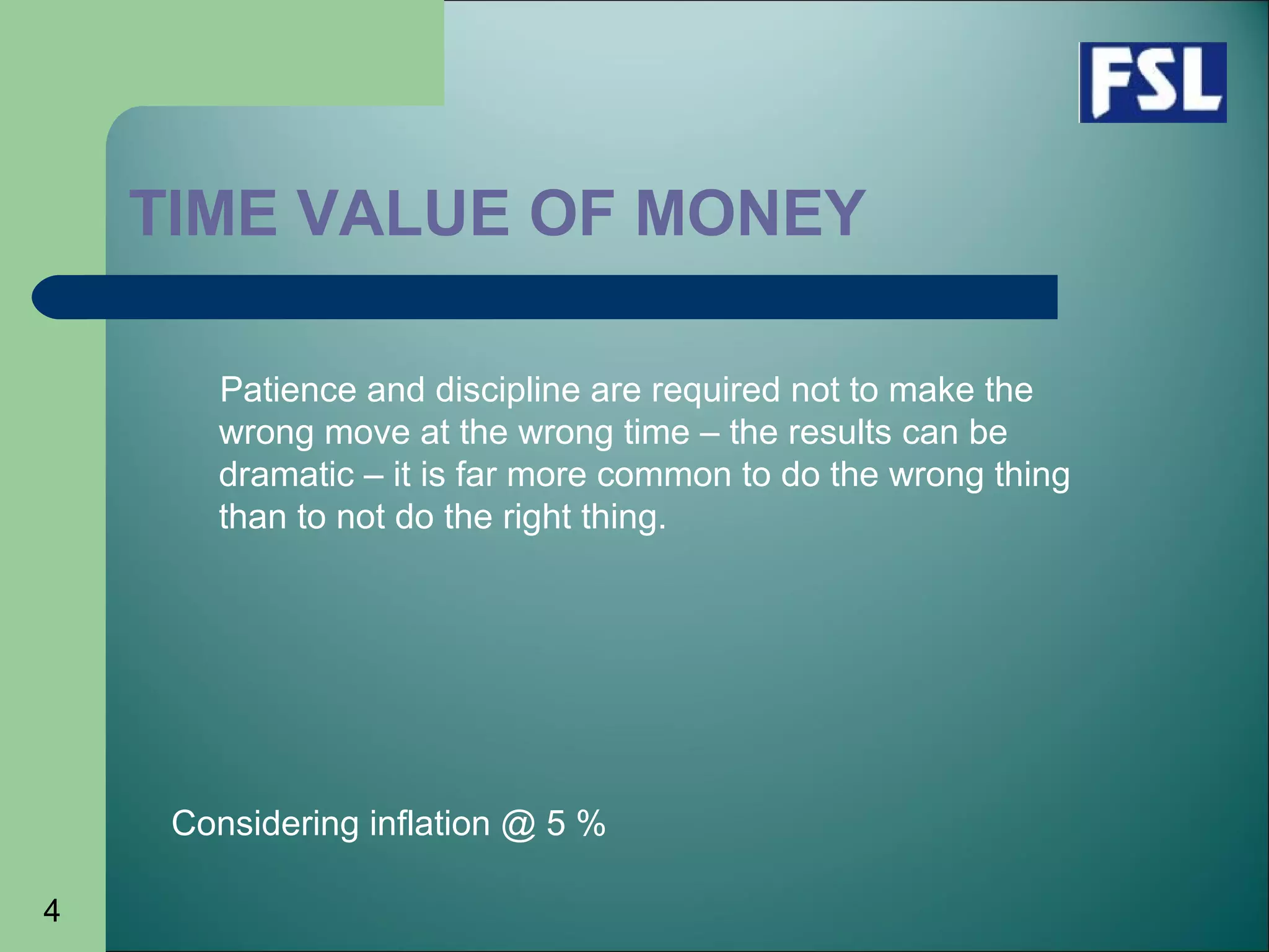 4
TIME VALUE OF MONEY
Patience and discipline are required not to make the
wrong move at the wrong time – the results can be
dramatic – it is far more common to do the wrong thing
than to not do the right thing.
Considering inflation @ 5 %
 