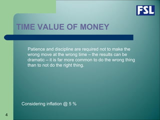 4
TIME VALUE OF MONEY
Patience and discipline are required not to make the
wrong move at the wrong time – the results can be
dramatic – it is far more common to do the wrong thing
than to not do the right thing.
Considering inflation @ 5 %
 