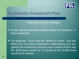 27
Systematic Investment Plan
The Smart Law of Averages
 Invest regularly and periodically instead of Lumpsum / 1
time investment.
 For example , if you have Rs. 60000 to invest – you can
either do a one time investment or alternatively you can
spread the investment amount over a period of time say
Rs. 5000 every month for 12 months or Rs.10,000 every
month for 6 months.
 