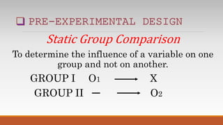 Static Group Comparison
To determine the influence of a variable on one
group and not on another.
GROUP I O1 X
GROUP II O2
 