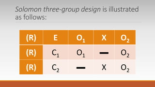 Solomon three-group design is illustrated
as follows:
(R) E O1 X O2
(R) C1 O1 ▬ O2
(R) C2 ▬ X O2
 