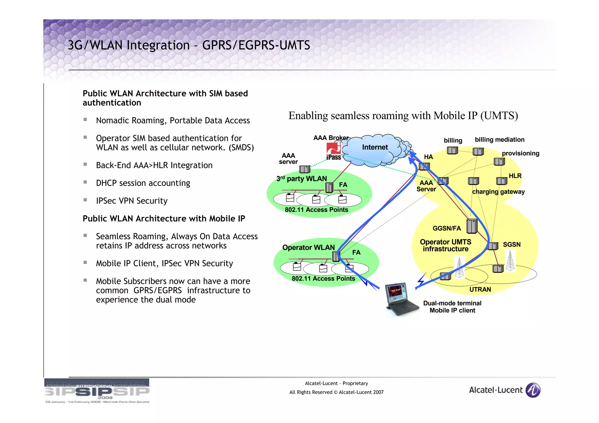 3G/WLAN Integration – GPRS/EGPRS-UMTS


  Public WLAN Architecture with SIM based
  authentication

     Nomadic Roaming, Portable Data Access          Enabling seamless roaming withmobility managers for the
                                                                Positions 3G operators as Mobile IP (UMTS)
                                                                             enterprise

     Operator SIM based authentication for                    AAA BrokerRemoves barriers for end userbilling
                                                                                                      adoption billing mediation
     WLAN as well as cellular network. (SMDS)                                      Internet
                                                  AAA                              Seamless authentication
                                                                                                     HA
                                                                                                                            provisioning
                                                 server
     Back-End AAA>HLR Integration                                                  Unified Billing
                                                 3rd party WLAN                                                              HLR
     DHCP session accounting                                             FA Leverages unlicensed spectrum as extension of HSD
                                                                                                 AAA
                                                                            data access         Server           charging gateway
     IPSec VPN Security
                                                   802.11 Access PointsProvides Secure Hot Spot Access
  Public WLAN Architecture with Mobile IP
                                                                                                        GGSN/FA
     Seamless Roaming, Always On Data Access -                               Combines mobility and security while simplifying user
                                                                             experience           Operator UMTS
     retains IP address across networks           Operator WLAN                                    infrastructure
                                                                                                                            SGSN
                                                                              FA
                                                                                 PC Suspended session
     Mobile IP Client, IPSec VPN Security
                                                                                   Tablet PC roaming
     Mobile Subscribers now can have a more          802.11 Access Points
     common GPRS/EGPRS infrastructure to                                           PDA roaming                      UTRAN
     experience the dual mode
                                                                                   Seamless SIP session roaming terminal
                                                                                                      Dual-mode
                                                                                                       Mobile IP client




                                                          Alcatel-Lucent – Proprietary
                                                    All Rights Reserved © Alcatel-Lucent 2007
 